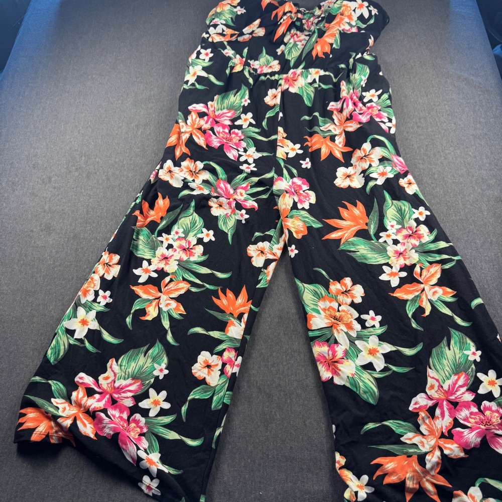 No Boundaries Womens XXL Tropical Floral Strapless Wide Leg Jumpsuit Black Pink - Picture 1 of 10